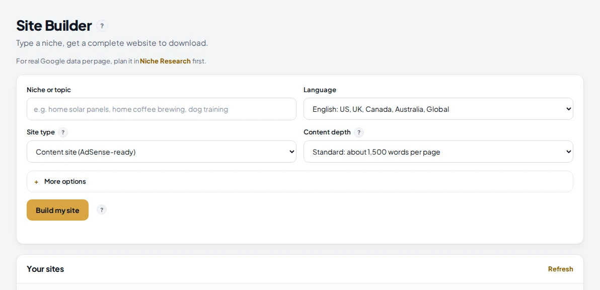 Site Builder: niche or topic, language, site type and content depth fields with a Build my site button.